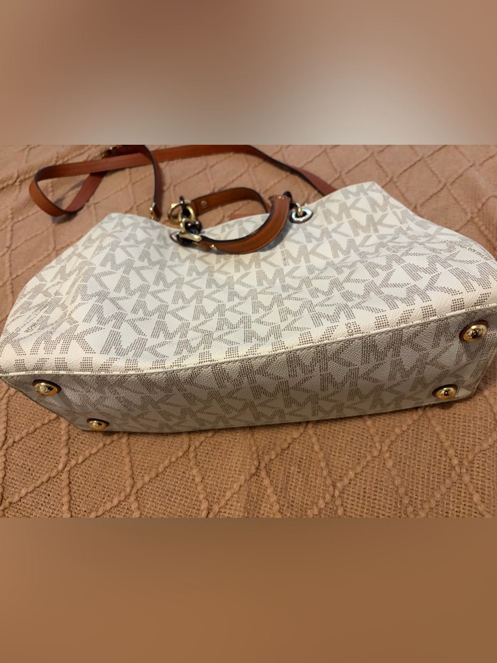 Michael Kors Cream White MK Logo Shoulder Tote with Brown Leather Straps